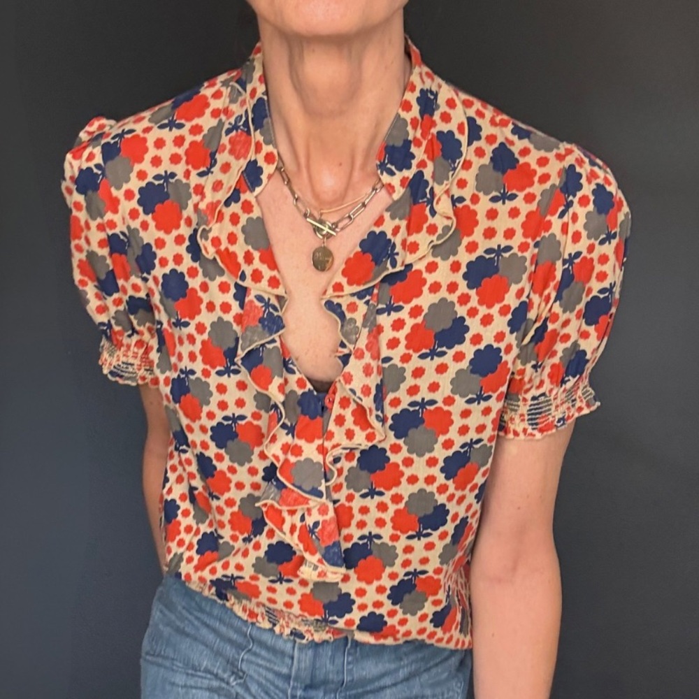 Chic Floral Ruffle Blouse - Red, Blue, Beige